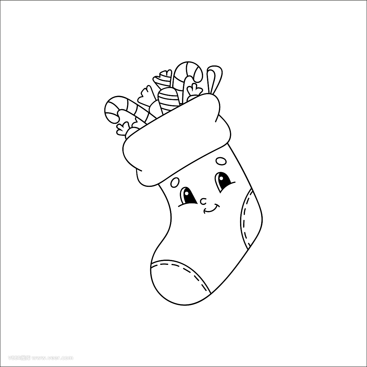 裝有禮物的圣誕襪。兒童涂色書。開朗的性格。矢量插圖?？蓯鄣目ㄍL格。兒童幻想頁面。黑色的輪廓剪影。孤立在白色背景上。